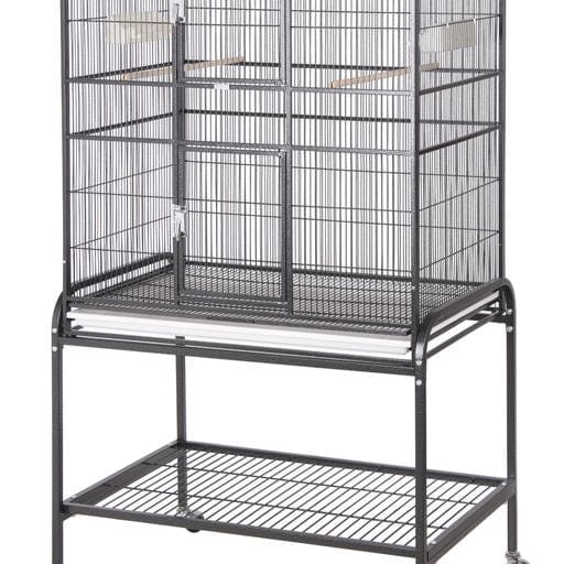 flight cage with stand and double front doors, spacious for small to medium pet birds.
