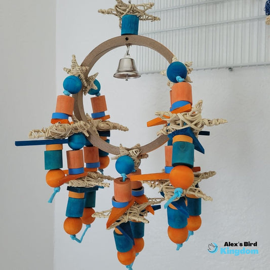 Large parrot swing with colorful wood and rope, designed for macaws, cockatoos, and other big birds to climb, swing, and play