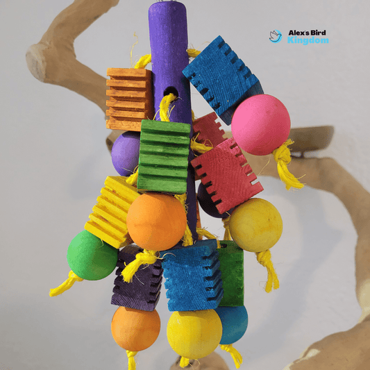 Colorful bird toy with rainbow wood blocks for chewing and play, designed for medium parrots like conures, African greys, and Quakers