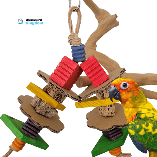 Colorful bird toy with pine blocks, leather strips, and cardboard pieces for medium parrots like conures and caiques