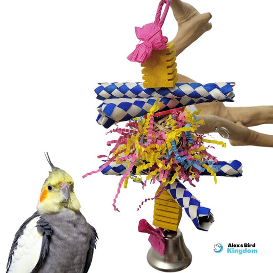 Small bird toy with finger traps, crinkle shred, balsa blocks, and a bell, designed for cockatiels, lovebirds, and parrotlets