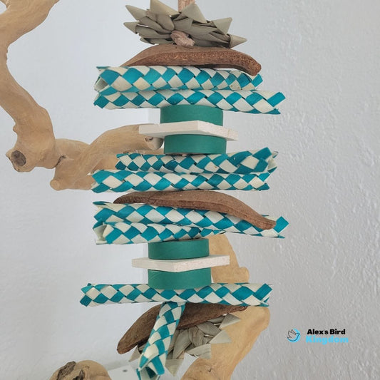 Medium bird toy with finger traps, palm leaf, leather strips, and birdie bagels for parrots like conures and caiques