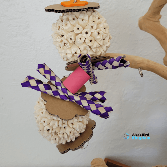 Kabob bird toy for medium parrots with sola balls, finger traps, and a refillable kabob skewer for treats, great for conures and Ringnecks