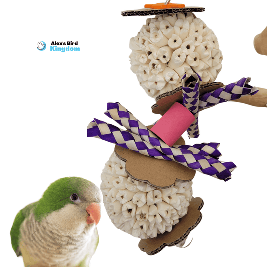 Kabob bird toy for medium parrots with sola balls, finger traps, and a refillable kabob skewer for treats, great for conures and Ringnecks