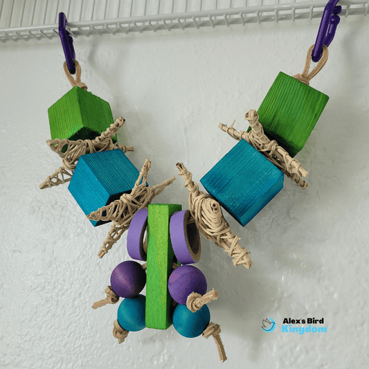 Large bird toy cube with pine blocks, leather, and vine star for parrots like macaws and cockatoos