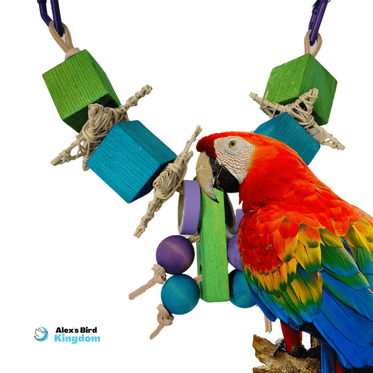 Large bird toy cube with pine blocks, leather, and vine star for parrots like macaws and cockatoos