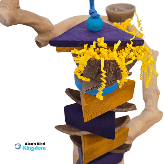 Heavy-duty bird toy with coconut half, pine blocks, and paper textures for large parrots like macaws and cockatoos, designed for strong chewers