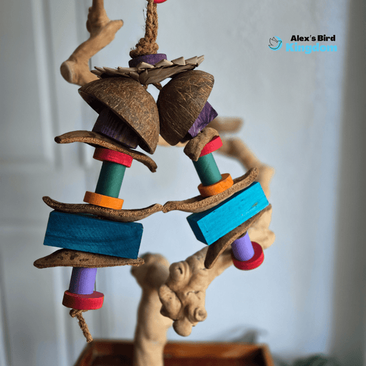 Bird toy with coconut shell, palm leaf, pine blocks, and rope for medium to large parrots like African greys and macaws