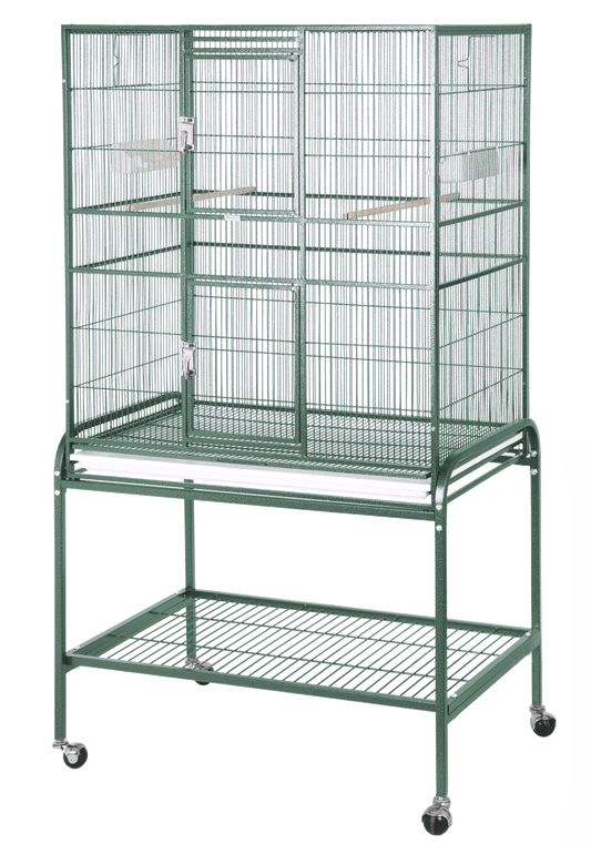 flight cage with stand and double front doors, spacious for small to medium pet birds.