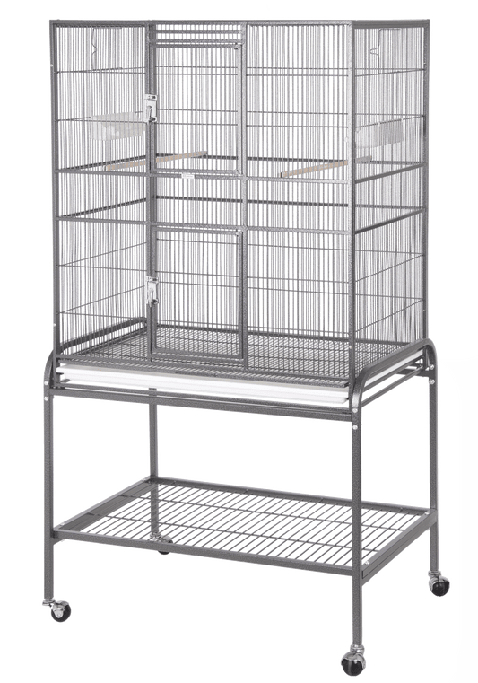White bird flight cage on wheeled stand with double doors, ideal for cockatiels and similar birds
