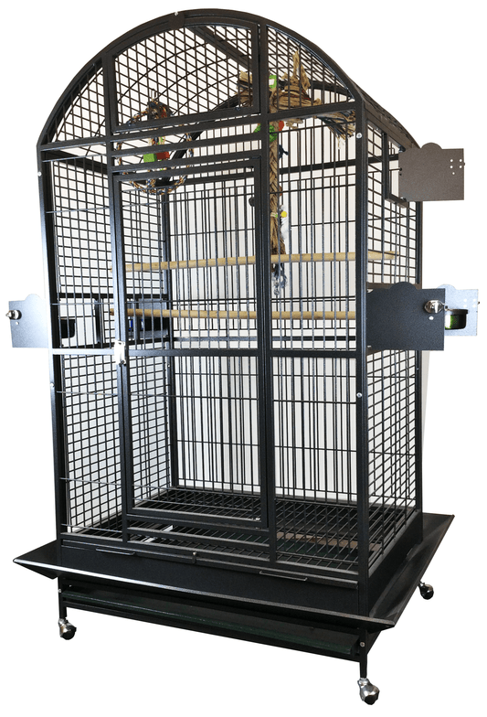 Spacious iron dome-top bird cage with wheeled stand, designed for cockatoos and other large birds, featuring multiple access doors and a secure, durable build.